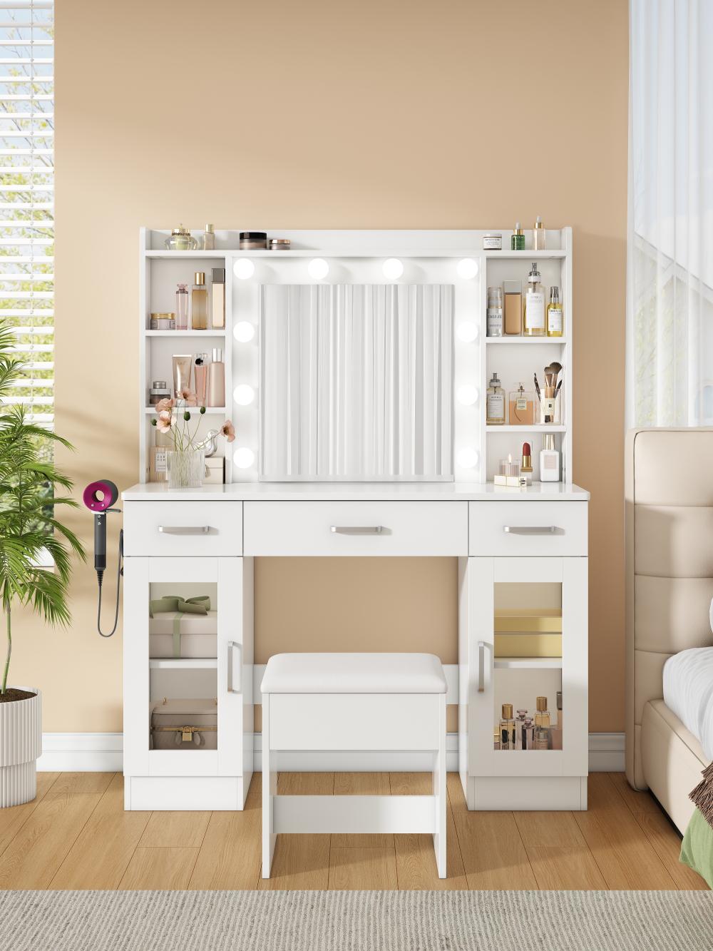 Toaletka z lustrem i oświetleniem LED regulowanym, 9 szuflad, szafka i stołek