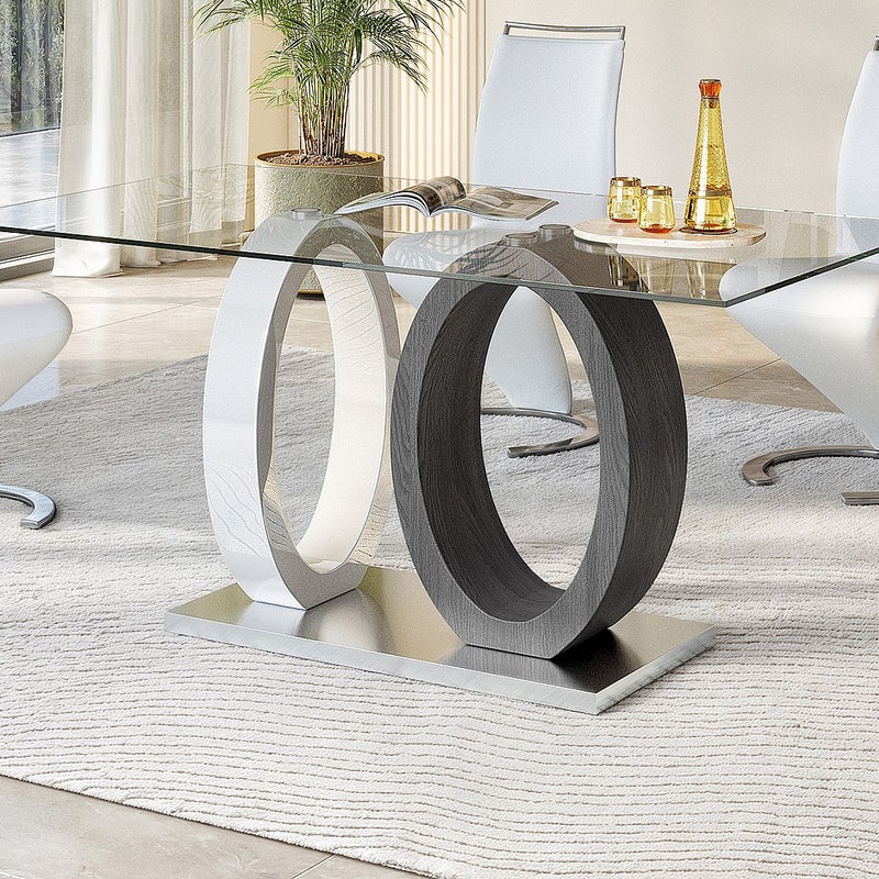 Stół jadalniany AYANE — 6-osobowy — szkło hartowane i MDF — szaro-biały