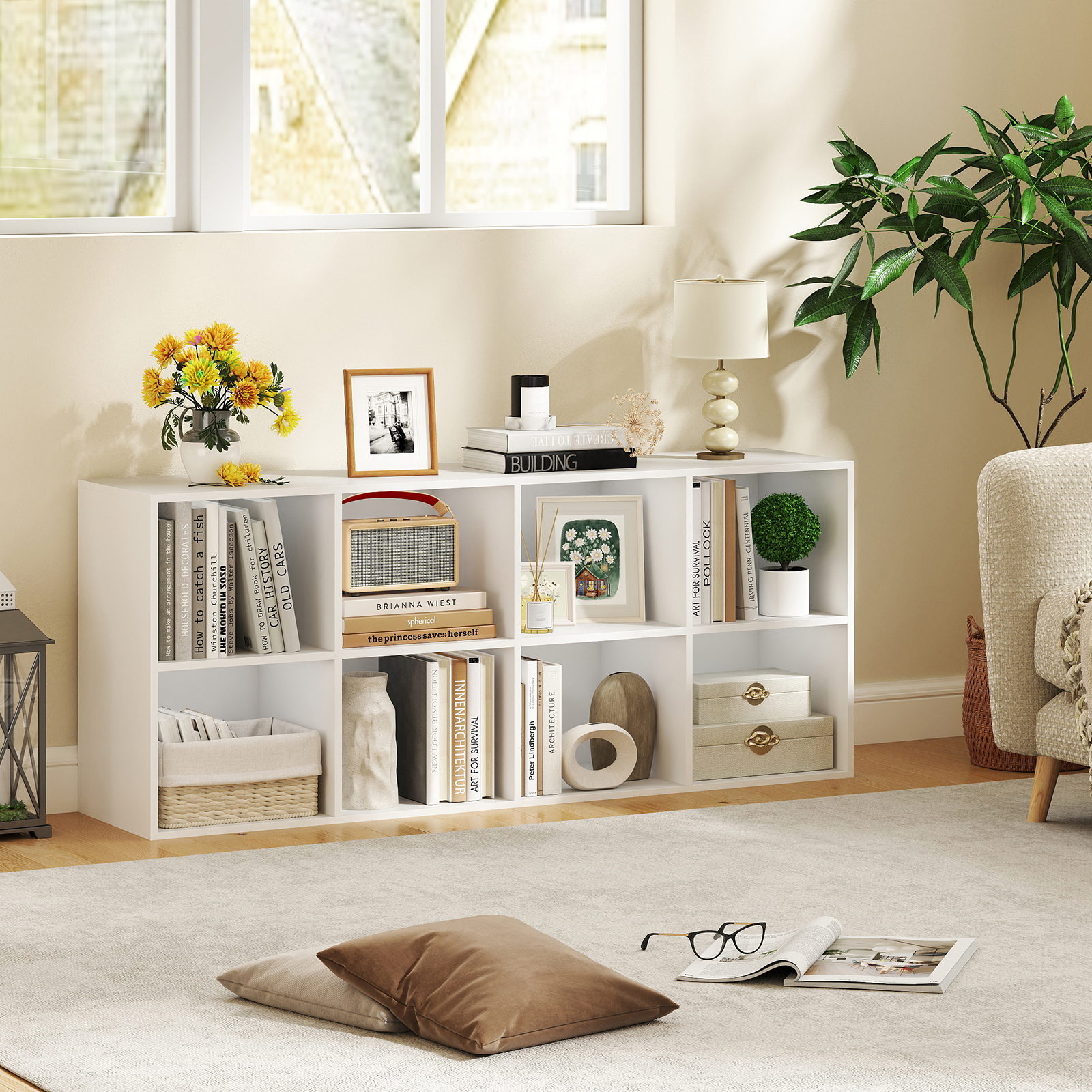 Bibliothèque d'Exposition à 2 Niveaux, Étagère de Rangement Autoportante Antibasculement, Meuble de Rangement pour Bureau & Chambre, Blanc - 9