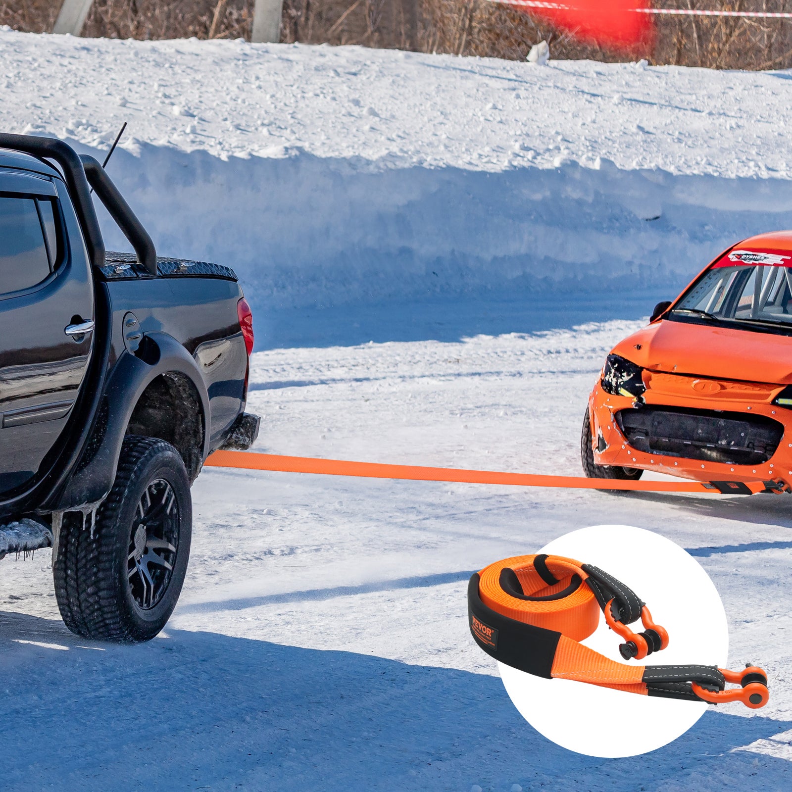 Sangle de remorquage robuste,VEVOR corde de treuil,16329 kg,boucle triple renforcée,manchons de protection,sac de rangement,manilles à anneau D - 8