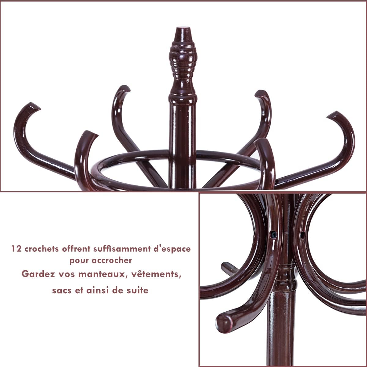 Porte Manteau sur Pieds avec 12 Crochets en Bois Massif, Base à 4 Pieds Stable, Portant à Vêtement pour Manteaux Chapeaux Parapluie, 51 x 51 x 184 CM - 7