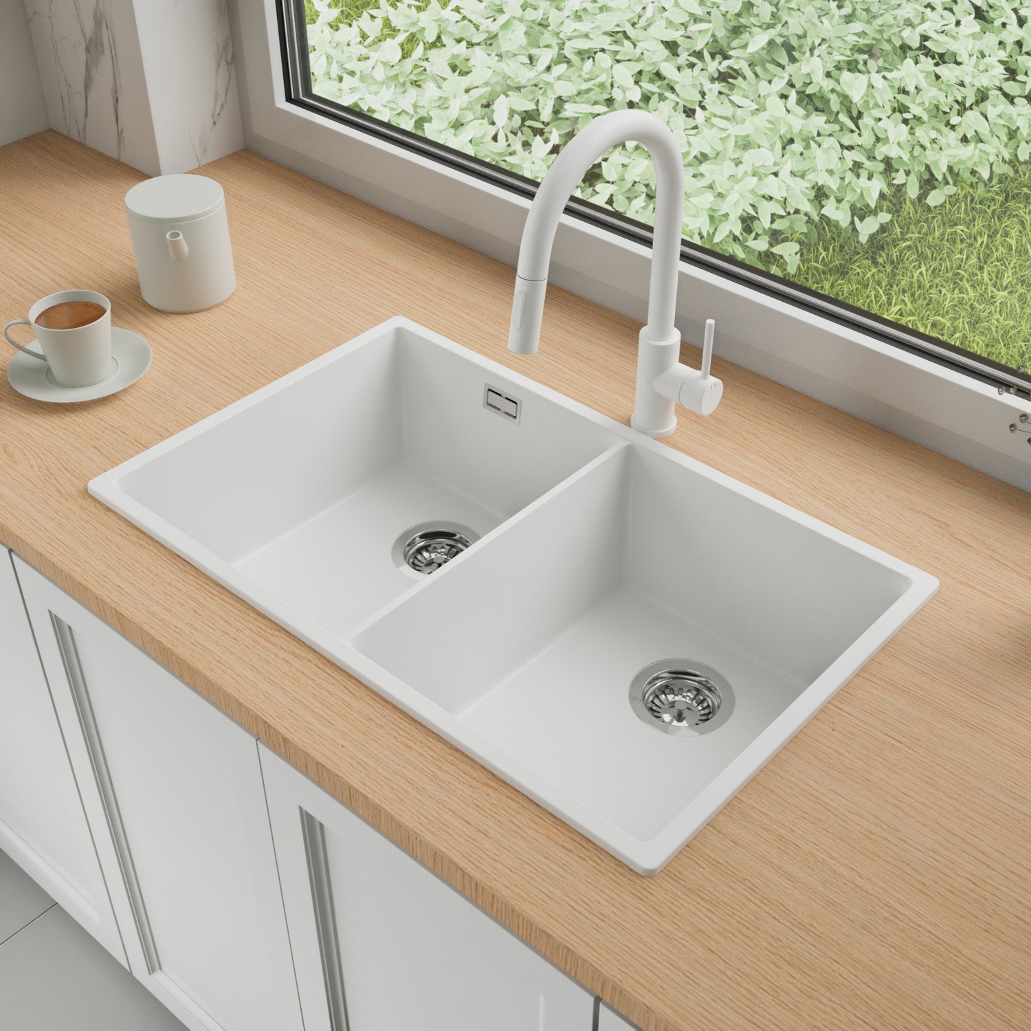 Zlewozmywak Granitowy 76x47cm, do szafki od 80cm + Bateria + Syfon - Agate Biały STONESTYLE