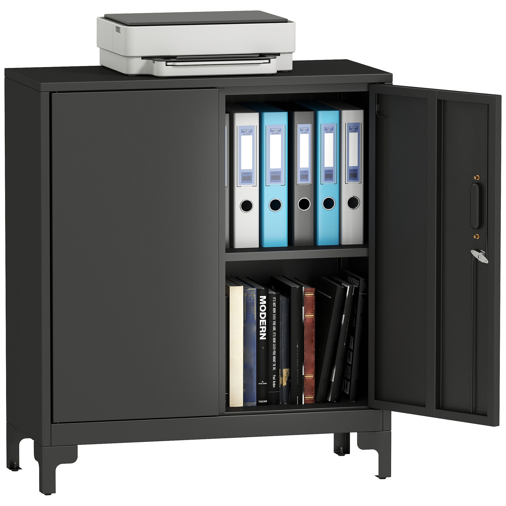 Songvas Armoire de Bureau, avec 4 Portes 2 Serrures, Meuble de Rangement Multifonction avec Compartiment Ouvert, Étagères Réglables, pour Bureau, Home Office, Salon, Noir/Chêne, 81,6 x 36,5 x 200 cm
