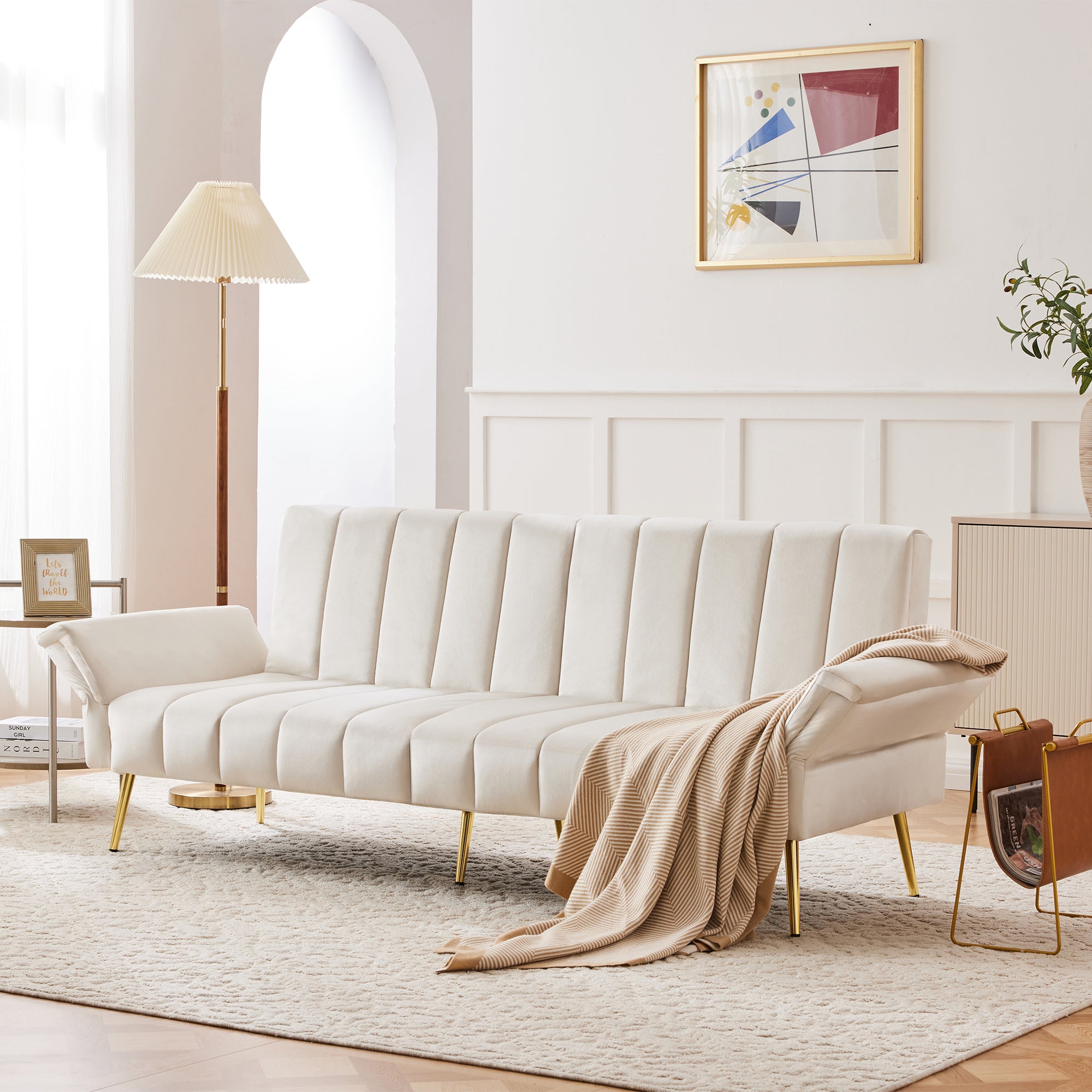 Canapé convertible 2 places avec pieds auxiliaires et fonction couchage, 183x76x75 cm, tissu velours, beige - 3