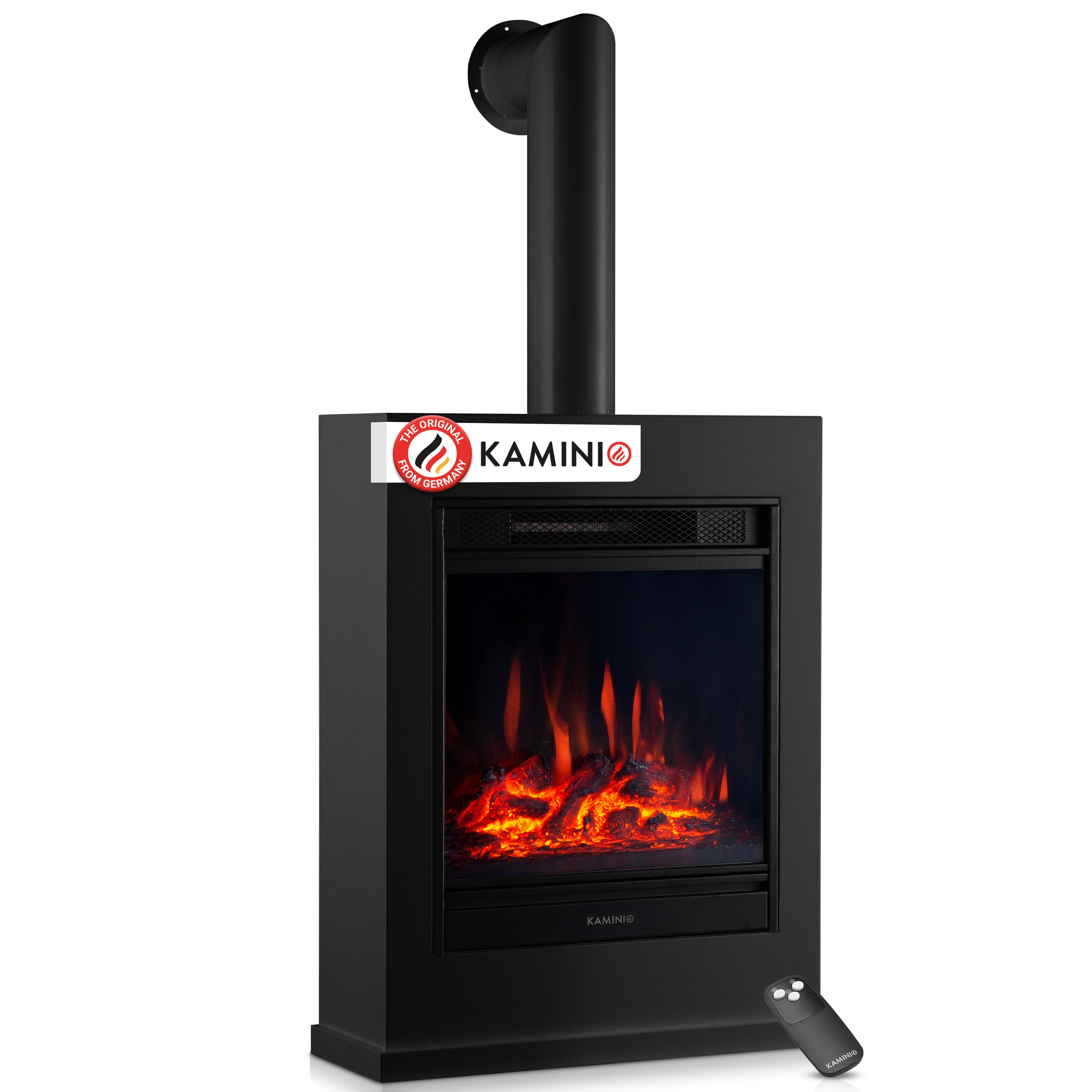 KAMINIO Kominek elektryczny KALLE z rurą kominową – stojący kominek elektryczny z ogrzewaniem, efektem płomienia 3D, pilotem – Czarny