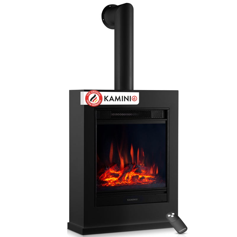 KAMINIO Kominek elektryczny KALLE z rurą kominową – stojący kominek elektryczny z ogrzewaniem, efektem płomienia 3D, pilotem – Czarny