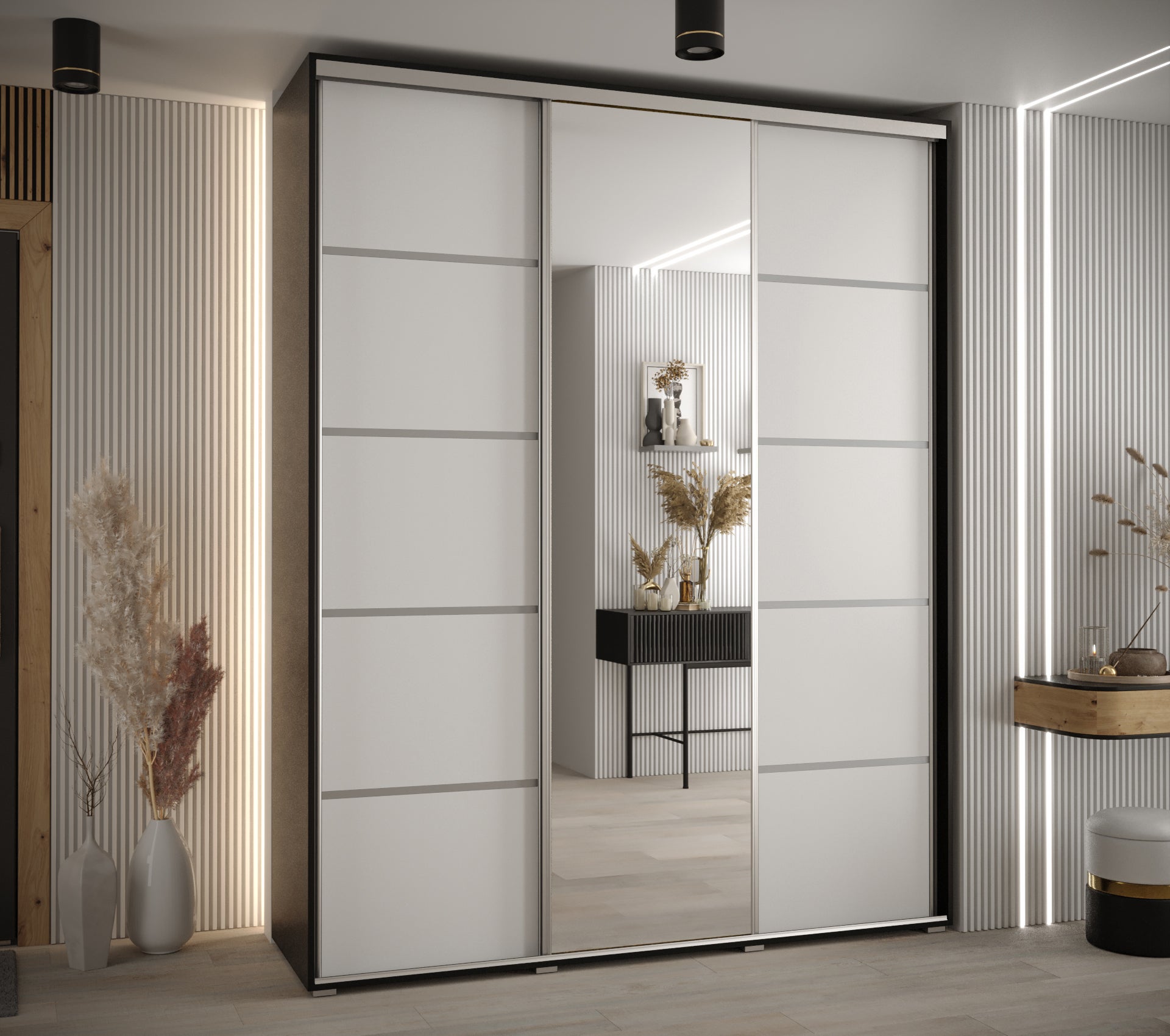 Szafa przesuwna z lustrem wysoka Davos 5 200 x 60 x 235,2 cm czarny + biały + u. srebrny - Abiks Meble - 2