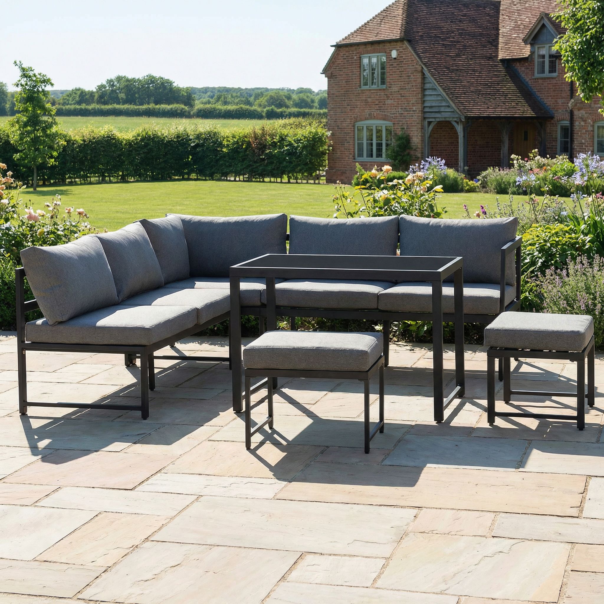 Muebles de jardín modulares de metal: 1 sofá elevable de 3 plazas + 1 sofá de 2 plazas + 2 taburetes + 1 mesa de centro de cristal - Gris + negro - 4