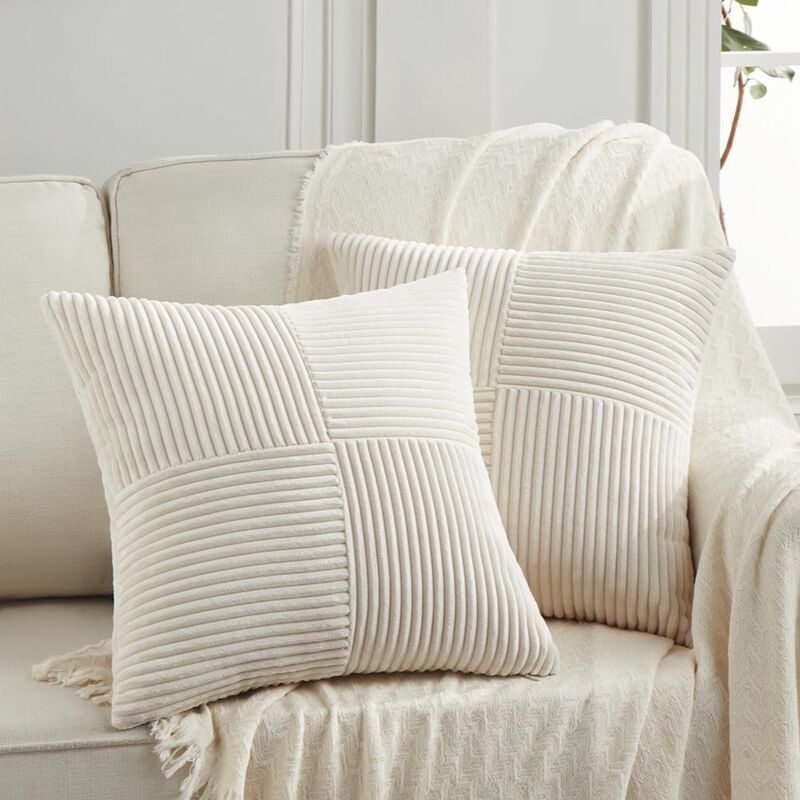 Lot de 2 Boho Housse de Coussin 45x45 Crème,à Motif Croisé Decoration Beige Clair Housses de Coussin en Velours Côtelé,Douillet Taie d'oreiller Housse - 2