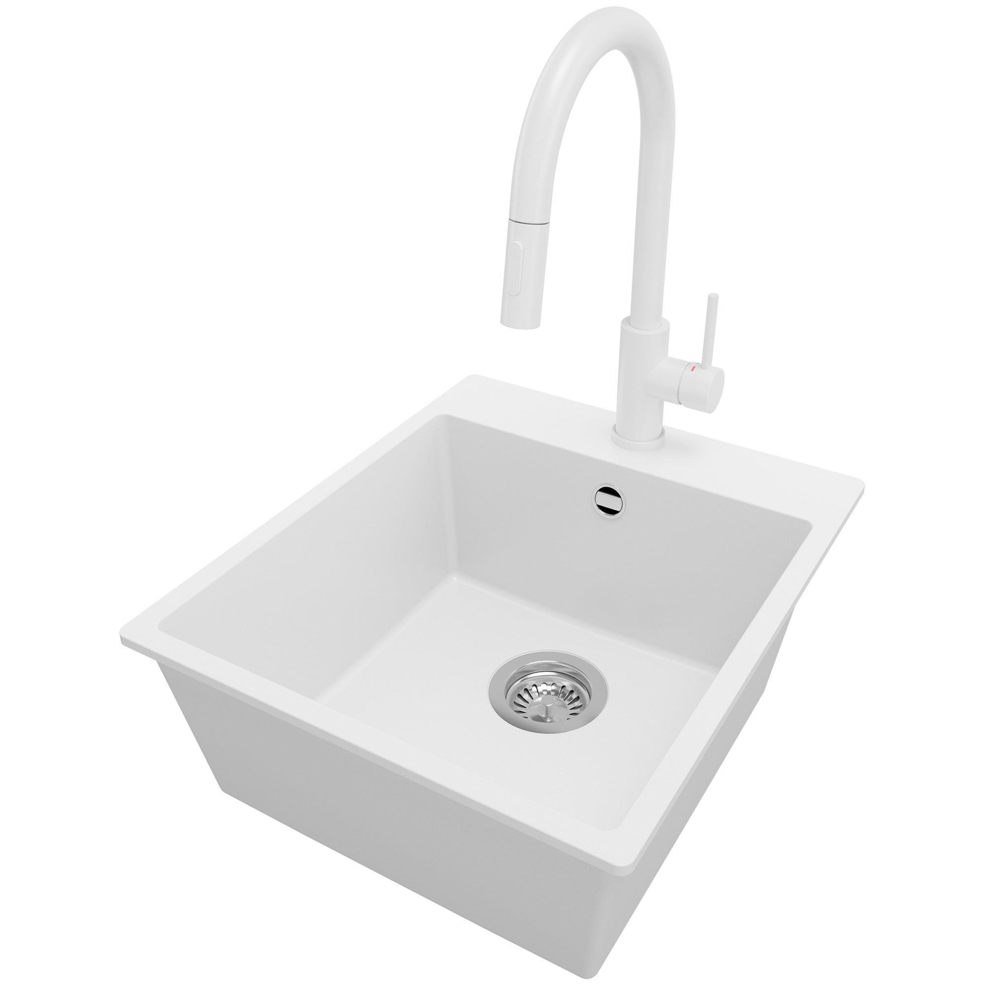 Zlewozmywak Granitowy Biały 43x50cm, Zlew Kuchenny 1 Komorowy + Bateria 40x20cm + Syfon, Nablatowy do szafki od 45cm - Ryga PRIMAGRAN