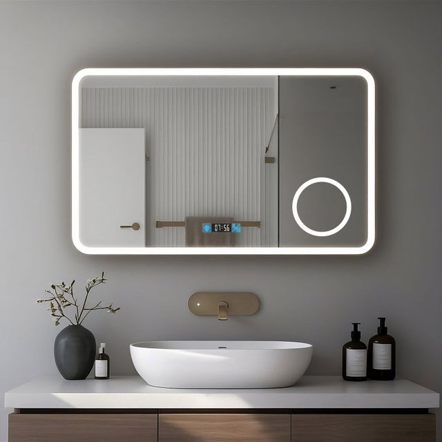 Miroir de salle de bain 80x60cm avec horloge digitale et éclairage LED à couleur réglable (2700K/4600K/6500K)