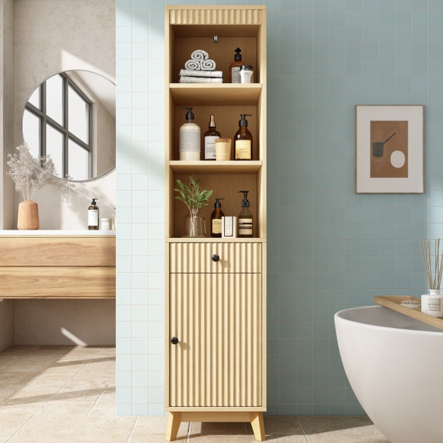 Colonne de Salle de Bain Hauteur 172cm - Meuble Haut de Rangement avec Portes Rainurées Réversibles & Tiroir - Naturel
