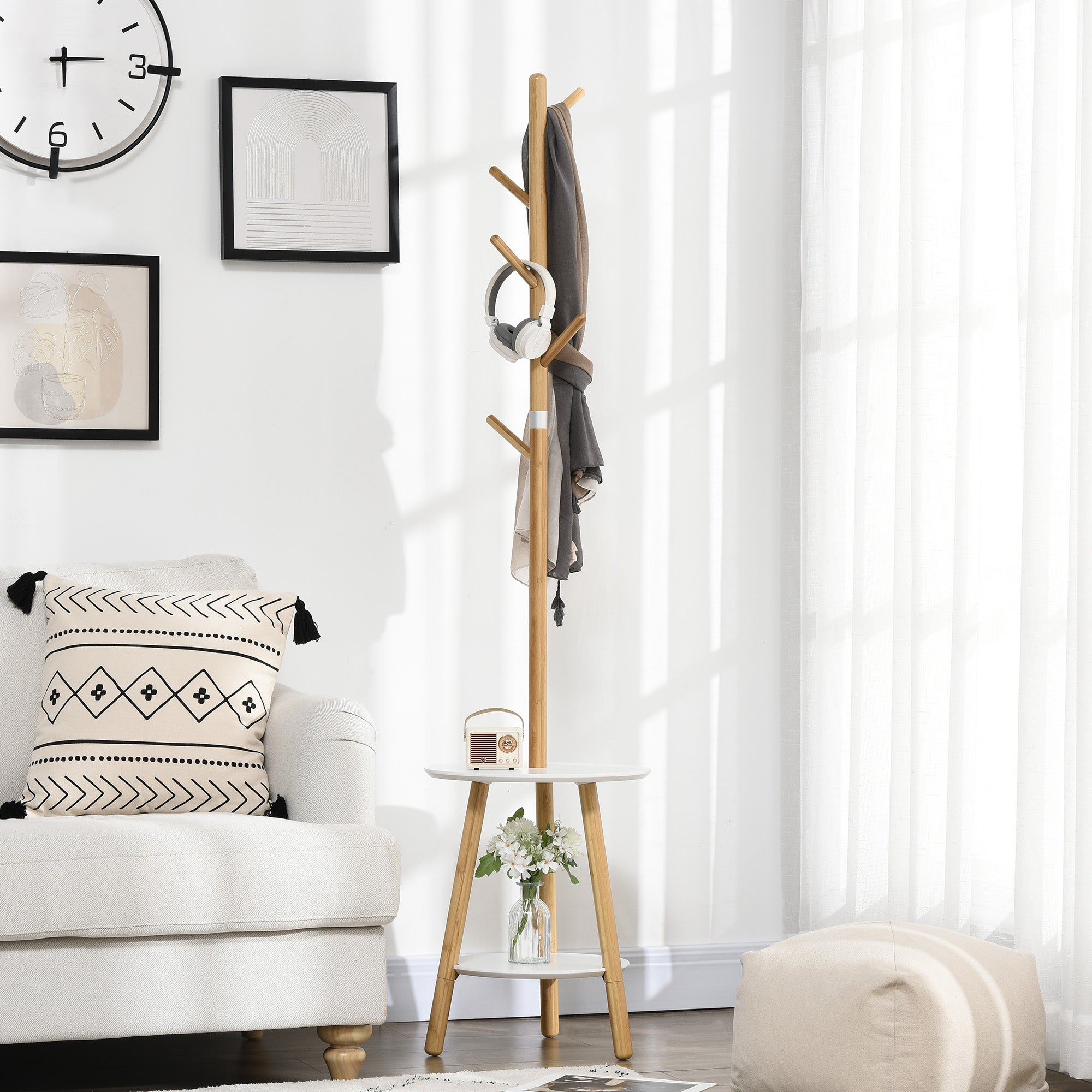 Homcom Perchero De Pie Bambú, Mdf, Aluminio Madera Natural 39,5X39,5X171 Cm Blanco Aluminio, Leroy Merlin
