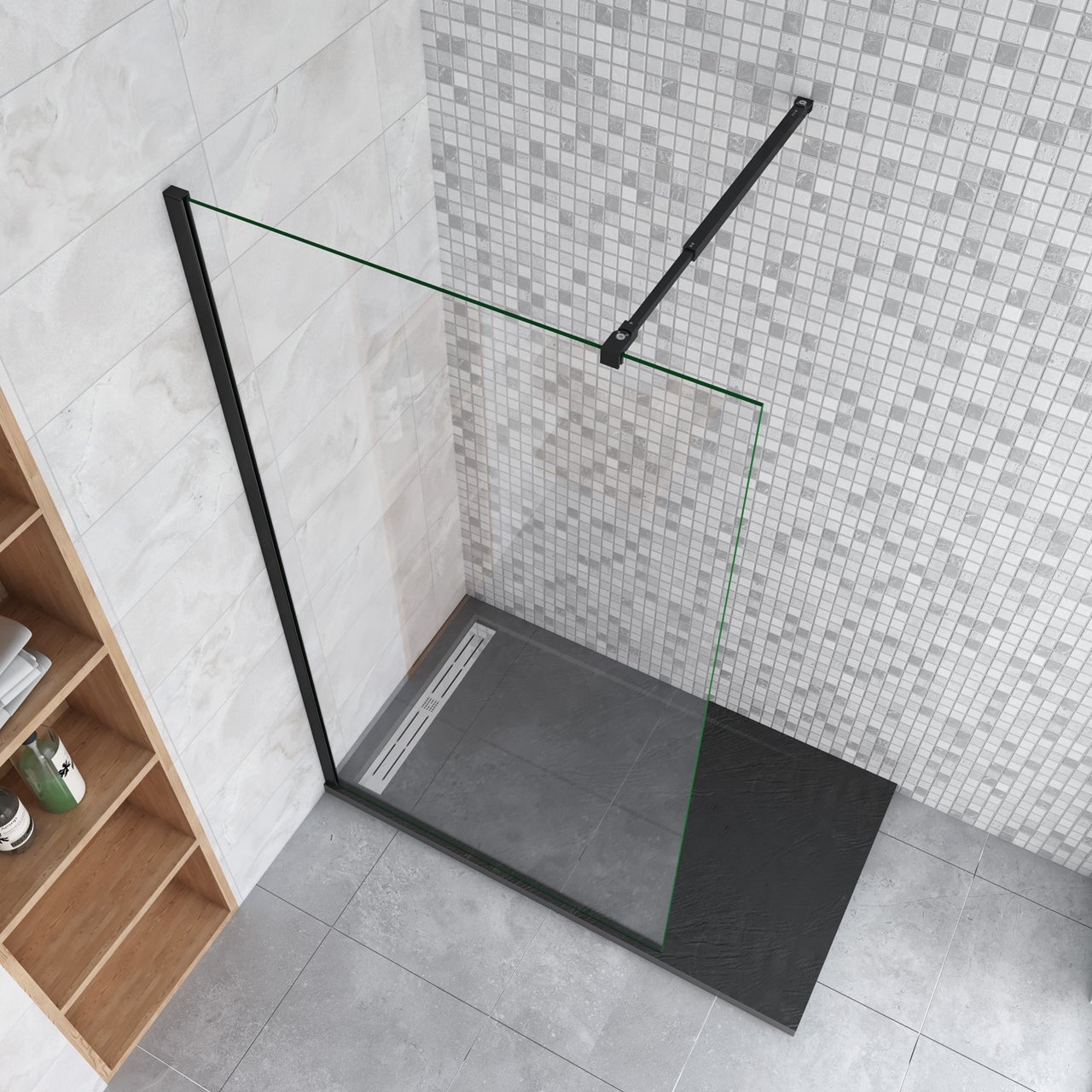 Parete Doccia Walk-in 50x200 Cm - Vetro Temperato 8 Mm Con Telaio Nero Opaco - Tagliabile Fino A 90 Cm