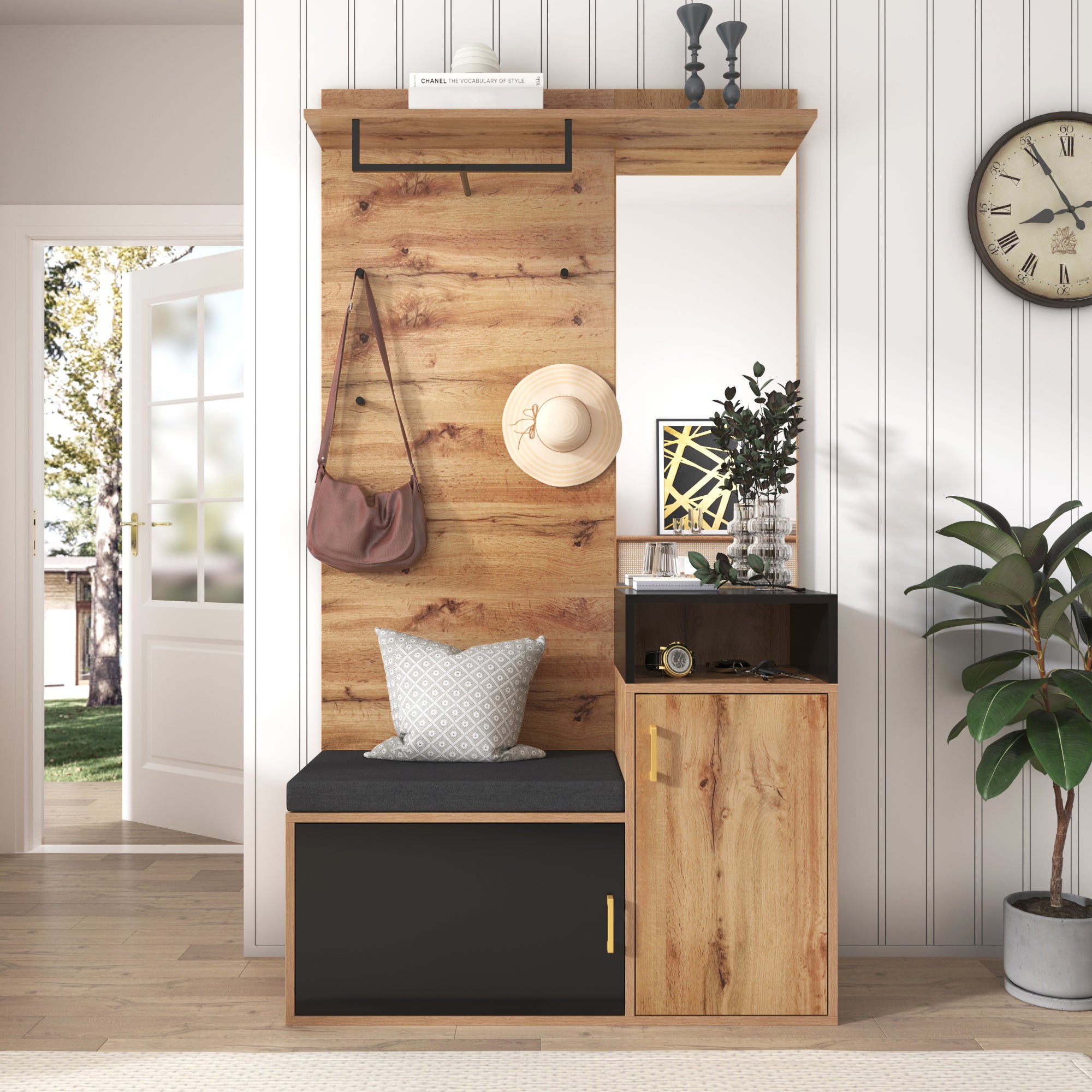 Meuble d'Entrée avec Banc, Rangement Chaussures, Miroir et Porte-Manteaux, Placard Chaussures ( 9-12 paires ) - 105x40x190.5 cm - Noir - 5