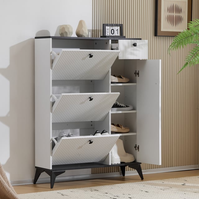 Scarpiera alta 90x25x121 cm 3 ante 1 cassetto stretto bianco per ingresso