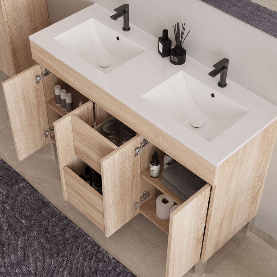Meuble de salle de bain 120cm double vasque sur pieds avec portes et tiroirs - cambrian (chêne clair) - HARO - 3