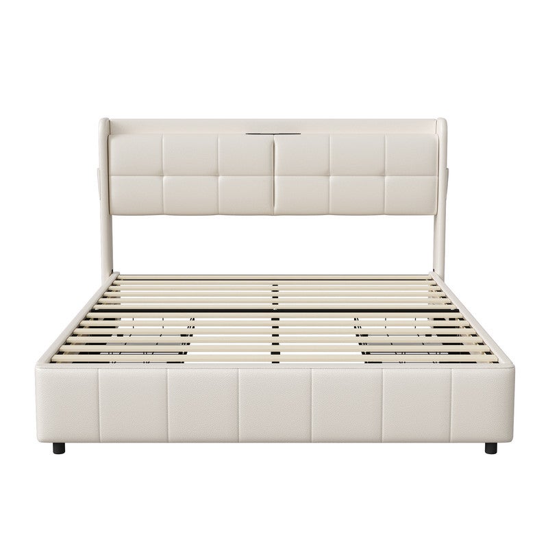 Lit rembourré 160 x 200 cm, Lit double avec USB et tête de lit, Cadre de lit avec sommier à lattes, sans matelas, beige - 4
