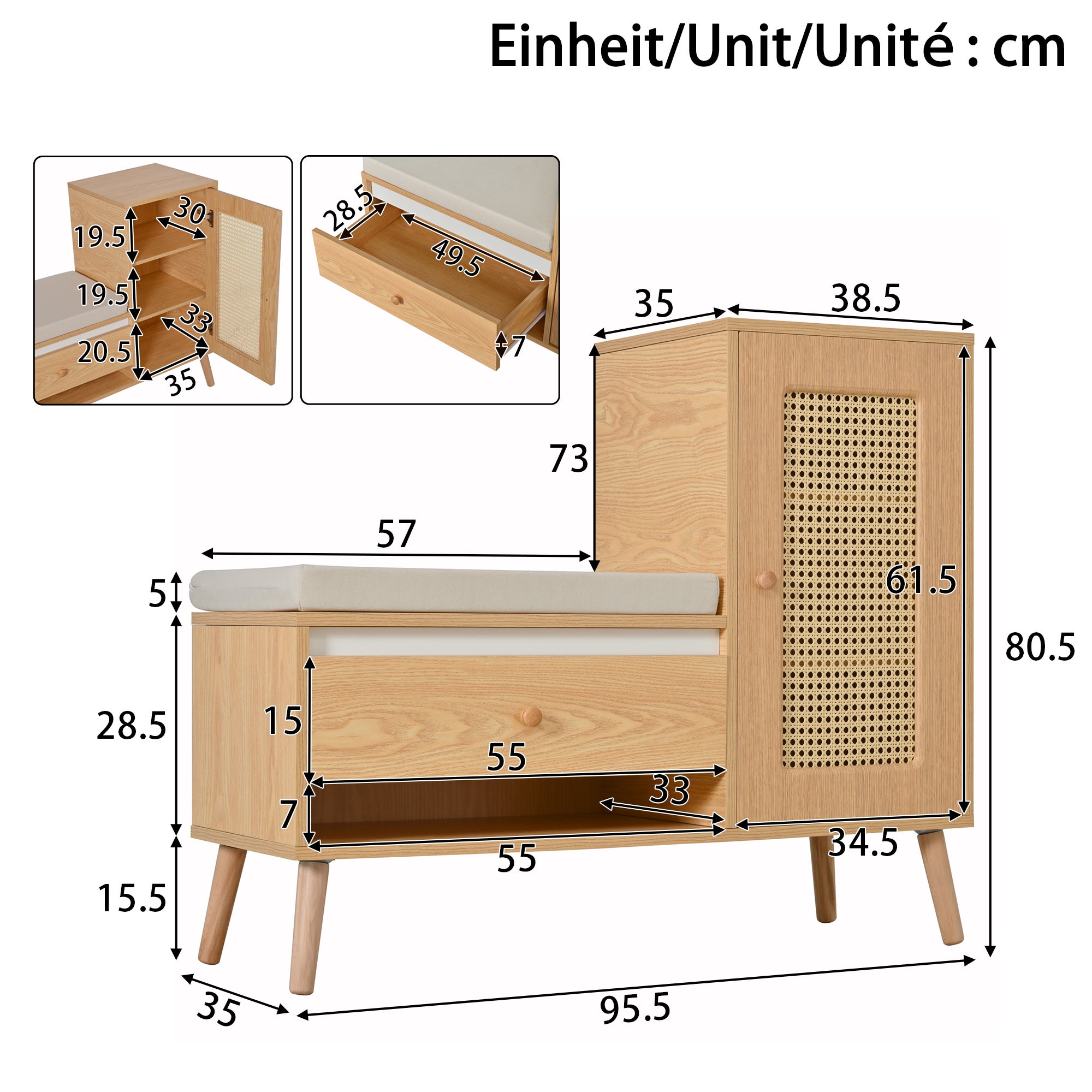 Banc d'entrée en rotin avec coussin, étagère à chaussures, tiroirs, compartiments ouverts et porte. Multifonctionnel pour l'entrée. - 3