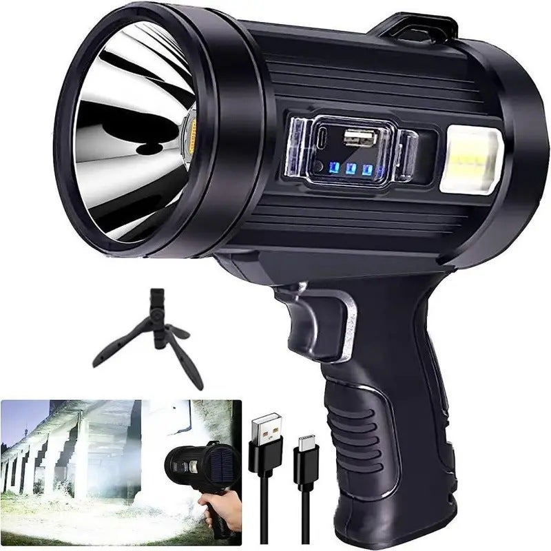 1 akumulatorowy reflektor, latarka LED zasilana przez USB, trwała latarka, przenośny reflektor solarny ze stojakiem, idealny na polowania