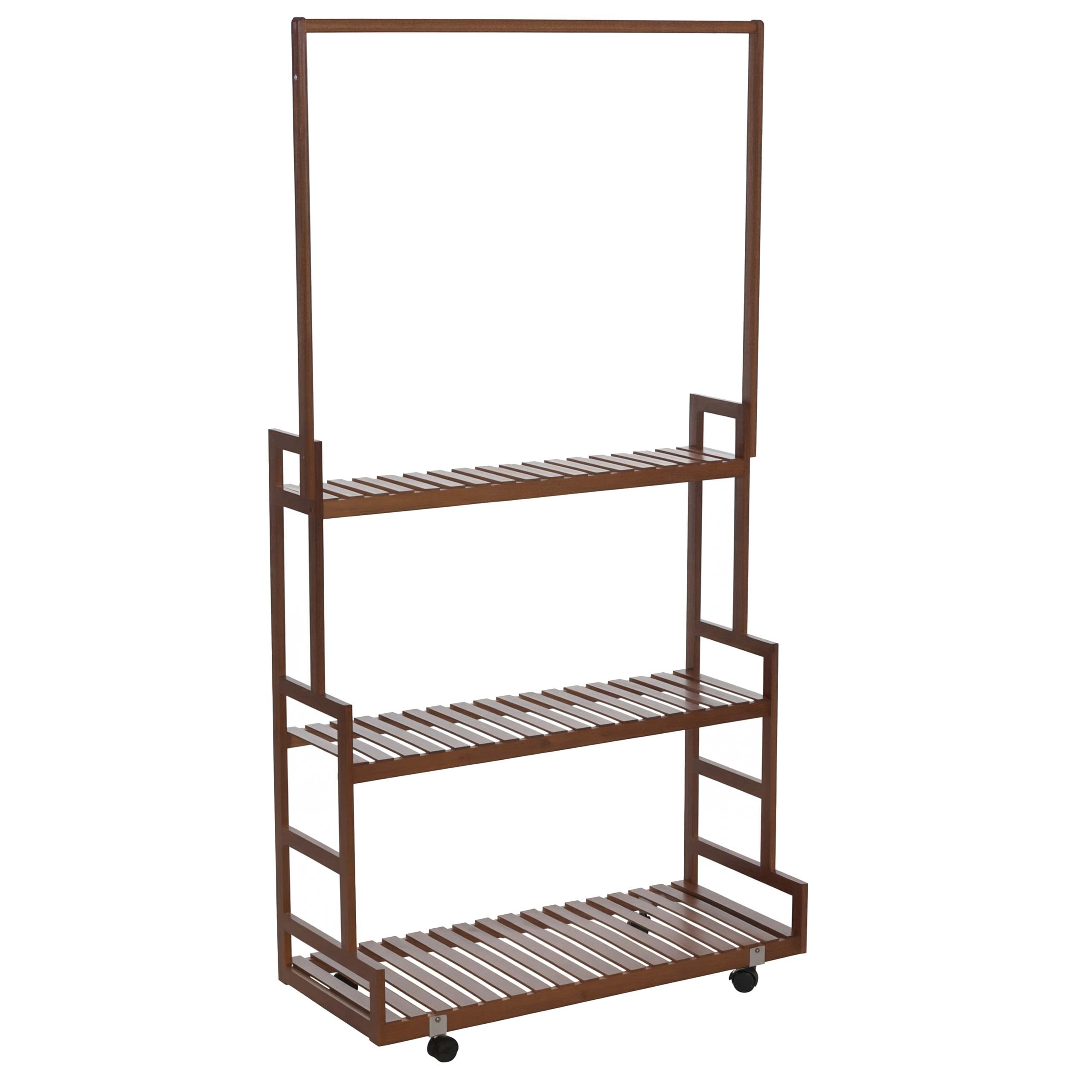 Stojak na ubrania z bambusa HWC-Q33, wieszak na ubrania, półka na buty, drążek i 3 półki, kółka, 175 x 93 x 38 cm ~ brązowy