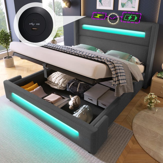 Lit 140x200 Avec LED Et USB Type-C - Cadre En Lin, Coffre De Rangement Hydraulique, Poches Latérales, Sans Tête De Lit - Beige