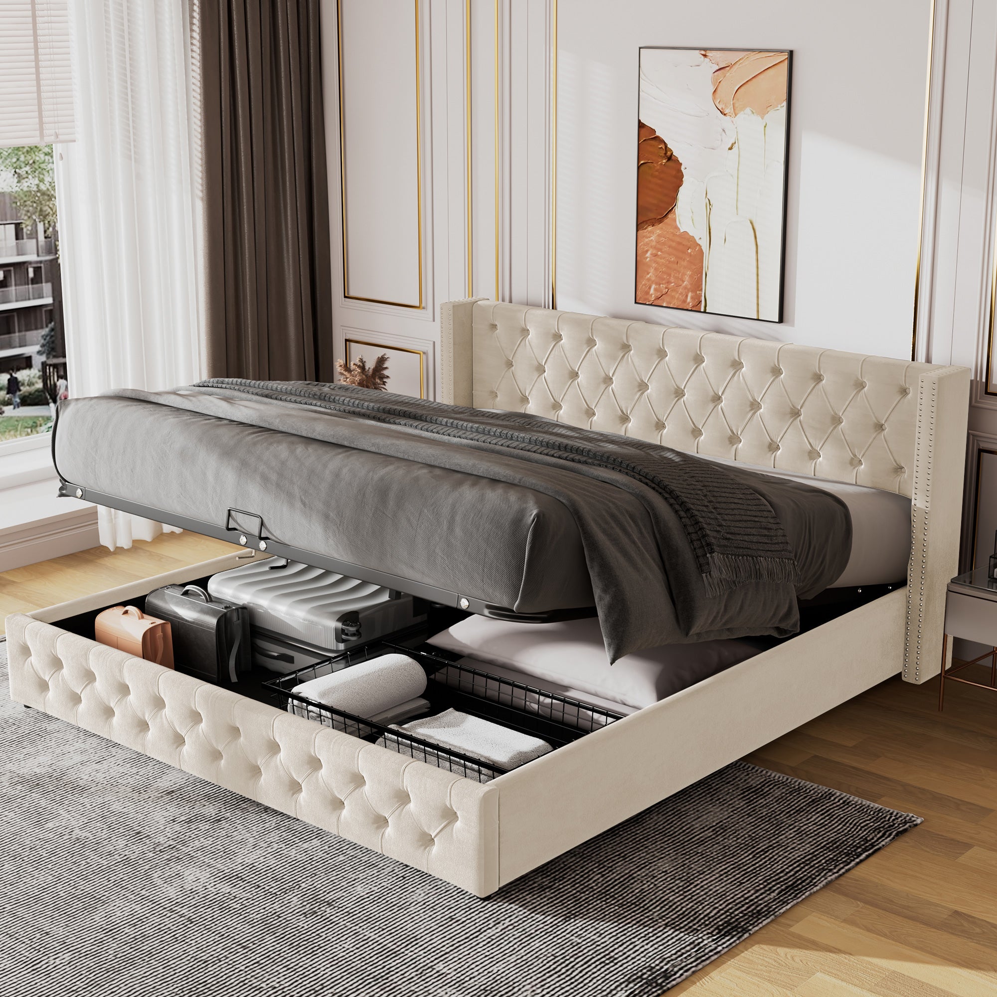 Łóżko 180x200cm z weluru z stelażem na listwy - Beżowe - 2