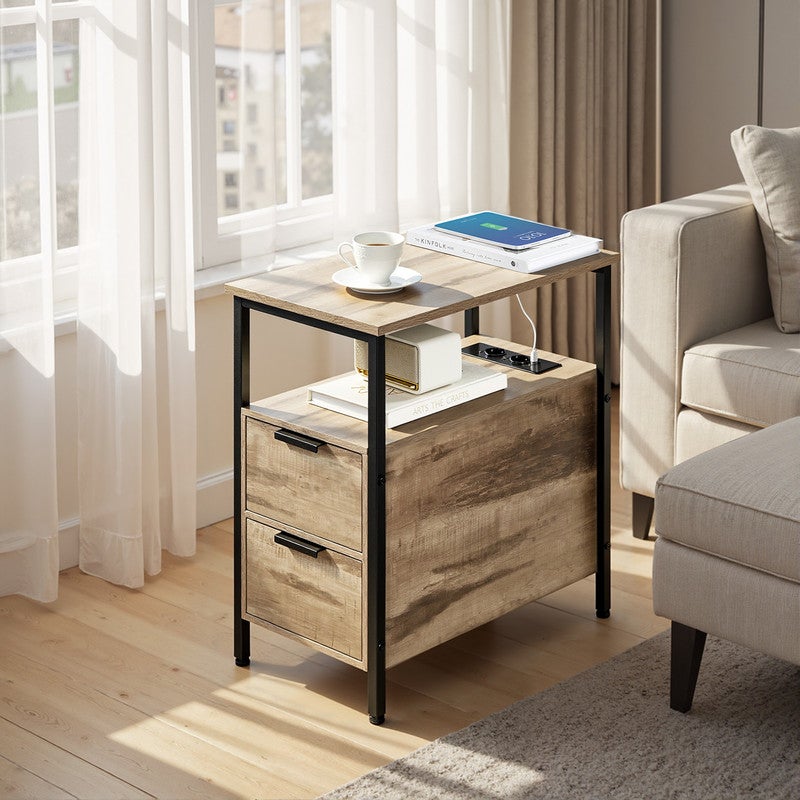 Table d’Appoint avec Prise Intégrée, 2 Tiroirs, pour Salon et Chambre, Marron Camel et Noir - 2