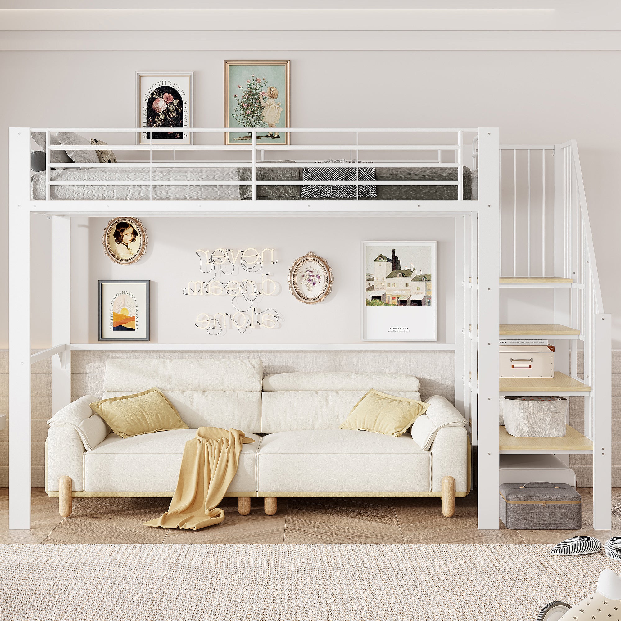 Lit mezzanine en métal 90 x 200 cm, lit d'enfant avec escalier, lit superposé avec sommier à lattes pour adulte et enfant, blanc (sans matelas) - 2