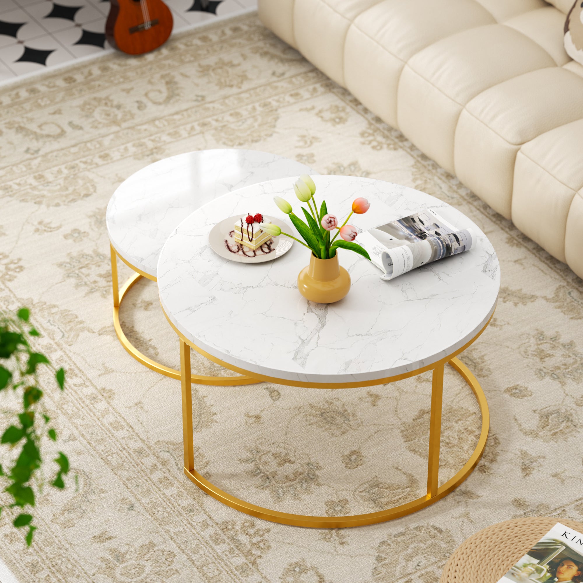 Lot de 2 Tables Basses Gigognes en MDF, Table d'Appoint pour Salon, Doré - 6