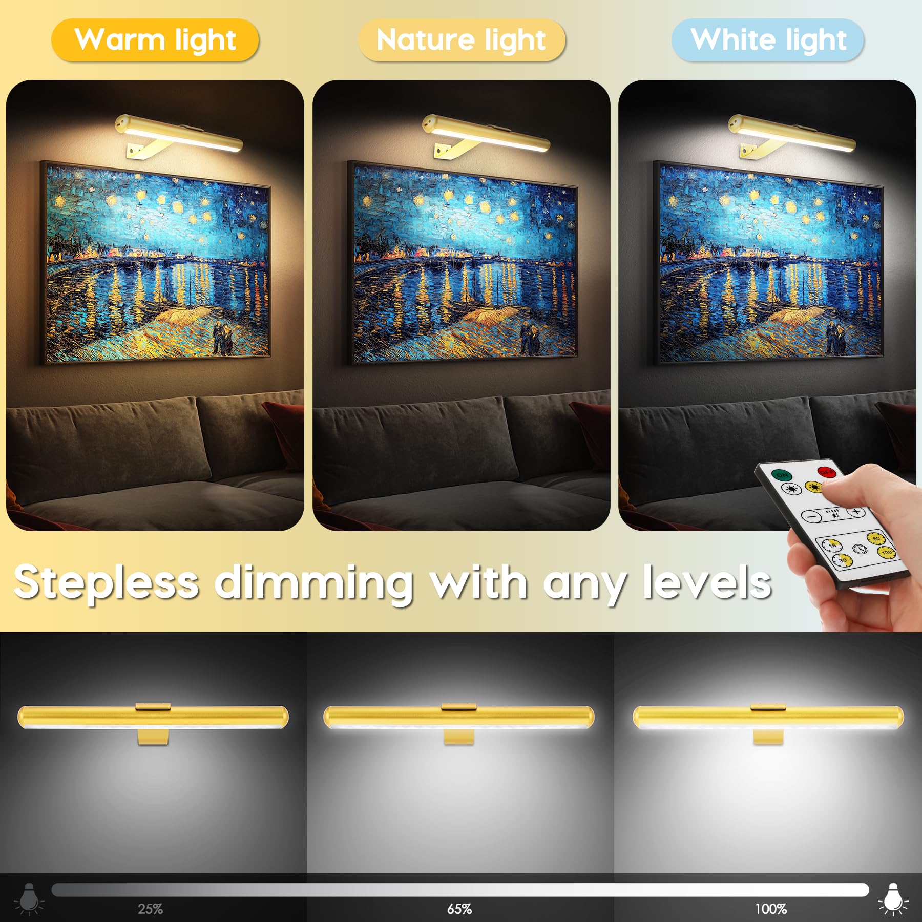 Paquete de 2 luces LED inalámbricas para pintar con control remoto, recargables, regulables, para pared y arte. - 3