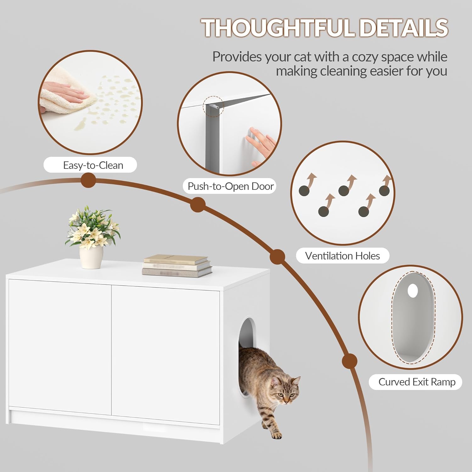Móvel para caixa de areia para gatos, casa sanitária para gatos com portas de abertura por pressão e orifícios de ventilação, branca - 4