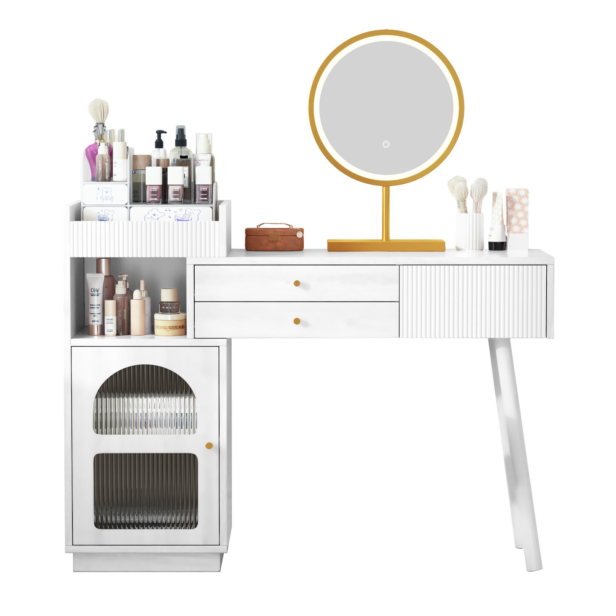 Coiffeuse Rabattable avec Miroir LED de 3 Couleurs 6 Compartiments de Rangement Table de Maquillage Style Vintage
