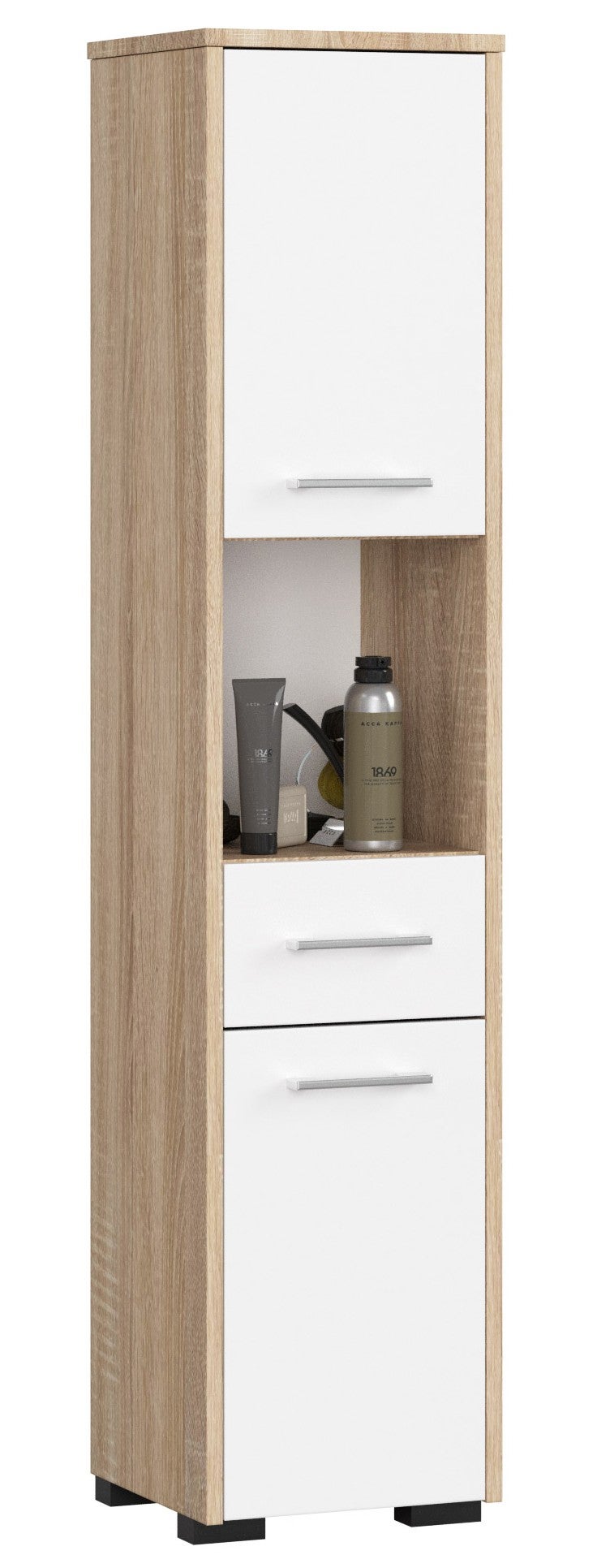 Wolnostojąca szafka łazienkowa: 1 szuflada, 2 drzwi, 5 półek, dąb Sonoma | biały, szer.: 30 cm, wys.: 140 cm, gł.: 30 cm.