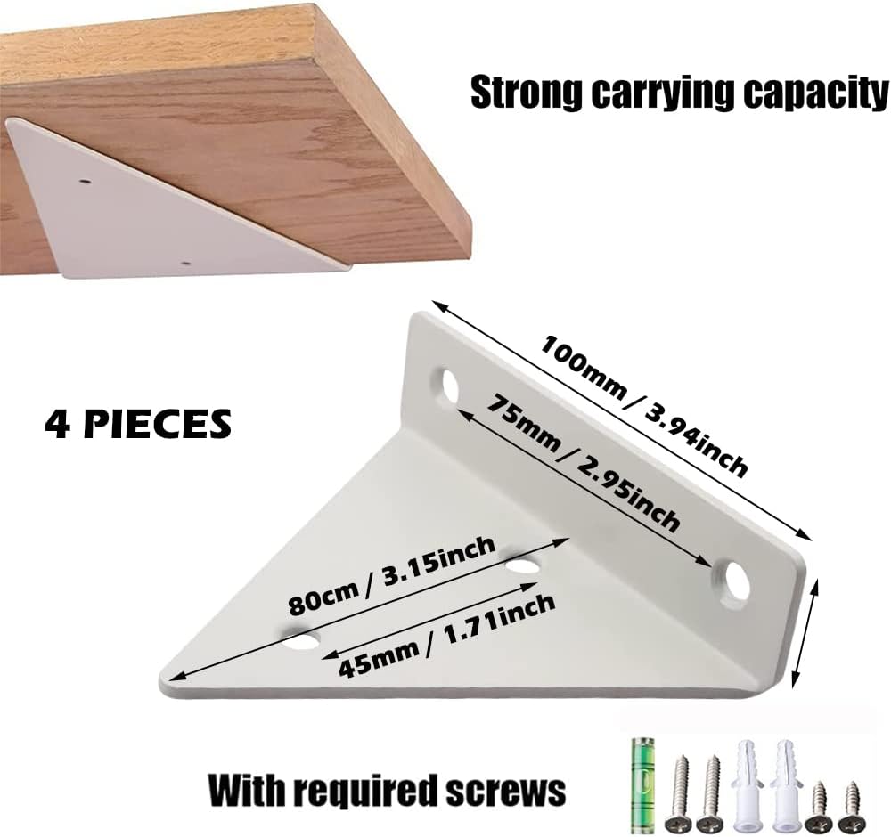 Set di 4 staffe per mensole, staffa per mensola da parete in metallo, staffa per mensola sospesa, staffa per mensola triangolare nascosta, con viti, - 2