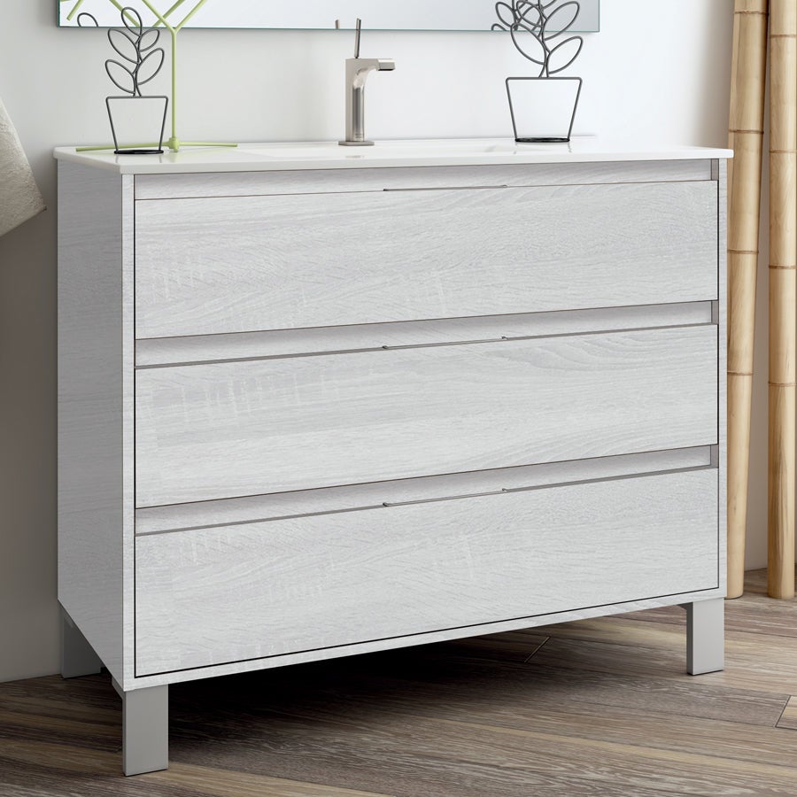 Meuble de salle de bain simple vasque - 3 tiroirs - TIRIS 3C et miroir rond Led SOLEN - hibernian (bois blanchi) - 80cm - 2