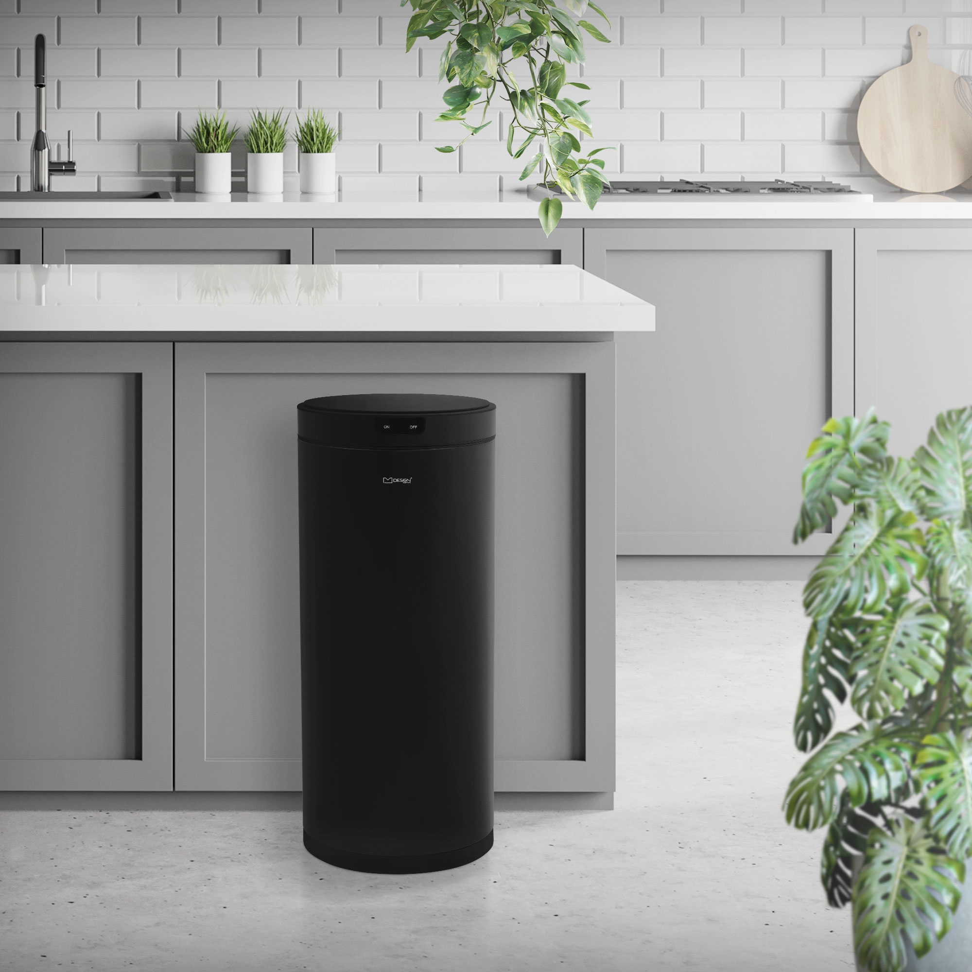 ML-Design Kosz na śmieci 40L z czujnikiem ruchu stal czarny automatyczny okrągły bezdotykowy z klamrą na worek praktyczny do kuchni i biura