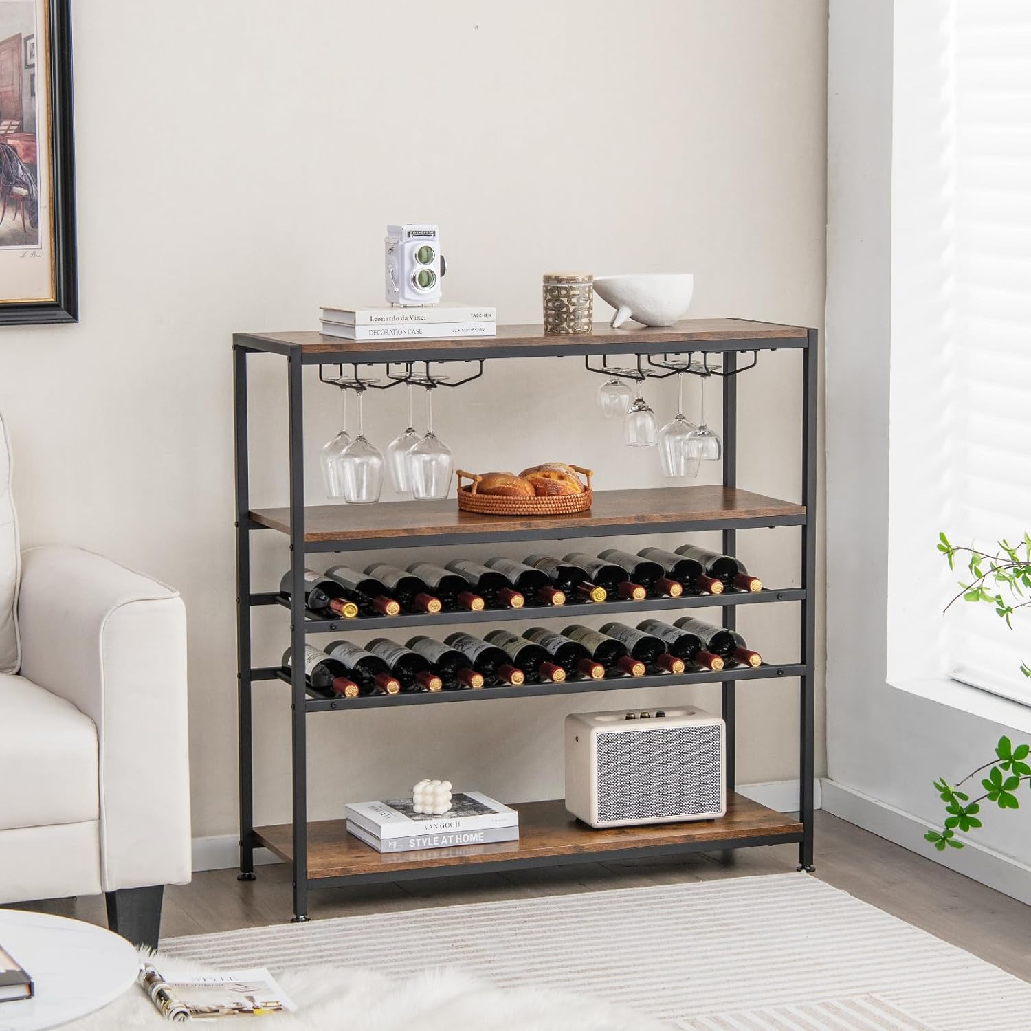 Pozioma Regał na Wino z 4 Rzędami Uchwytów na Kieliszki i 3 Regałami do Przechowywania, 5 Poziomów na 22 Butelki Wina