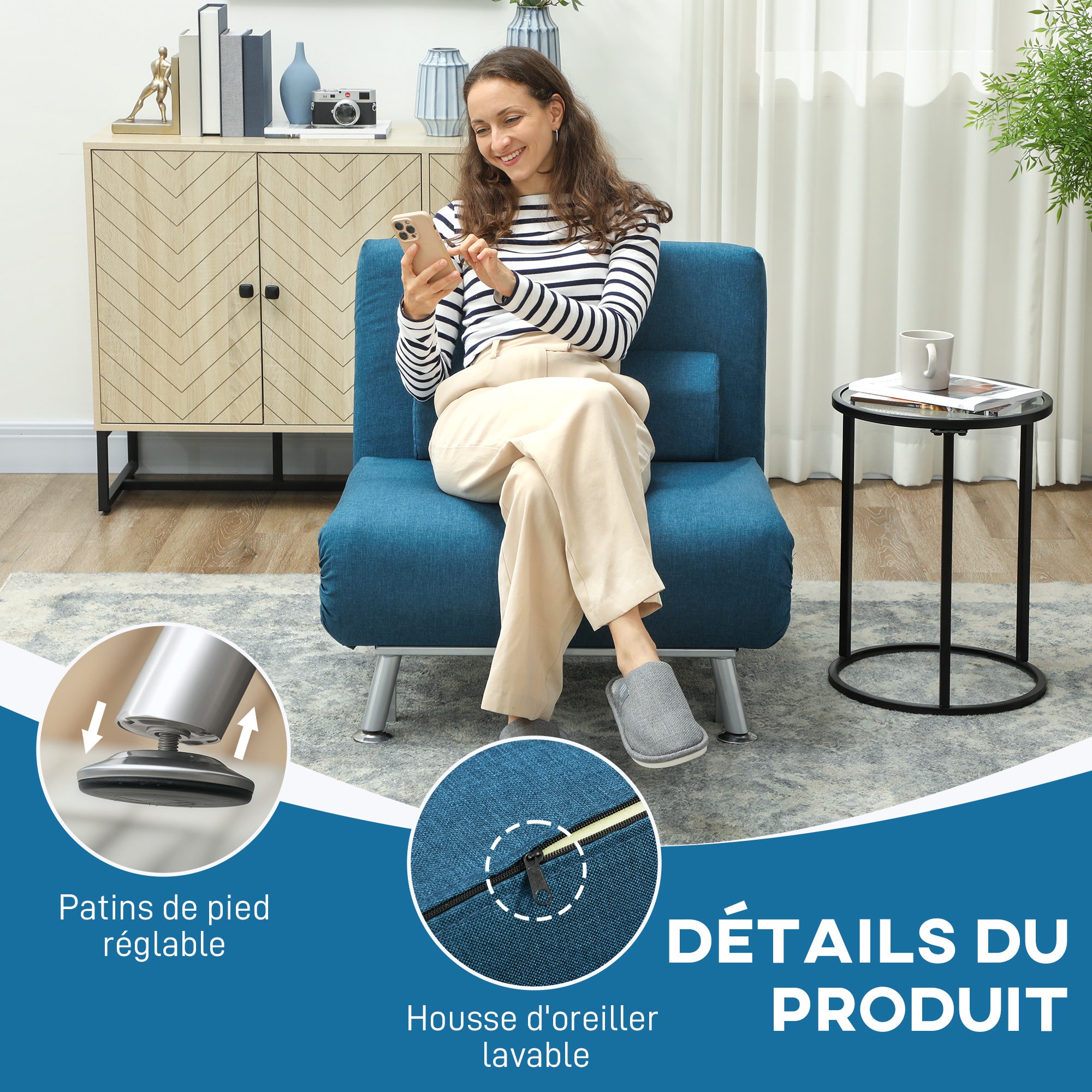 Fauteuil convertible 1 place tissu bleu HOMCOM - 7