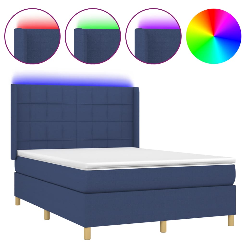 Lit boxspring avec matelas et lumières LED, tissu bleu, 140x200 cm ...