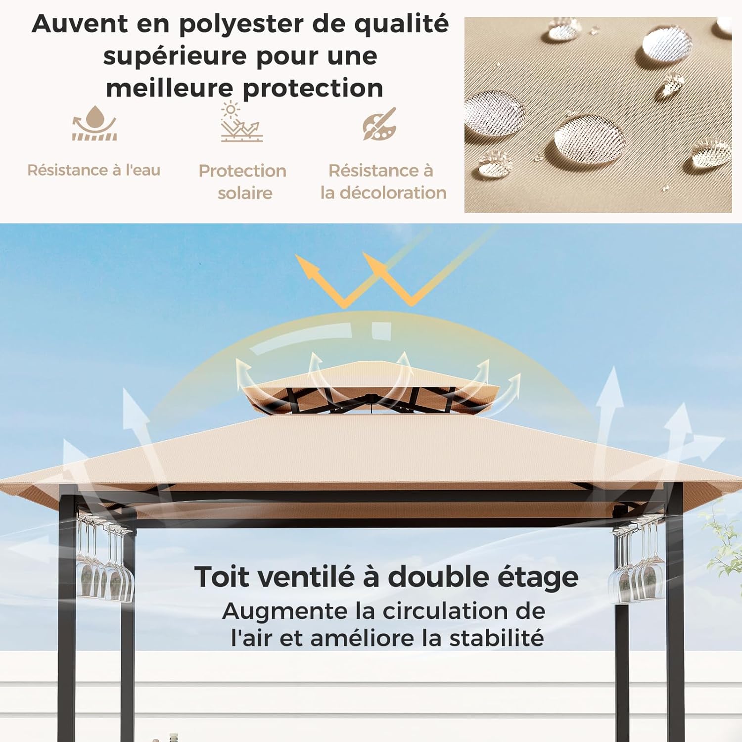 Set Bar da Patio a 3 Pezzi, Gazebo per Griglia e 2 Sgabelli da Bar con Tavolo in Vetro Temperato, Ripiani in Metallo, Portabicchieri, per Giar - 8