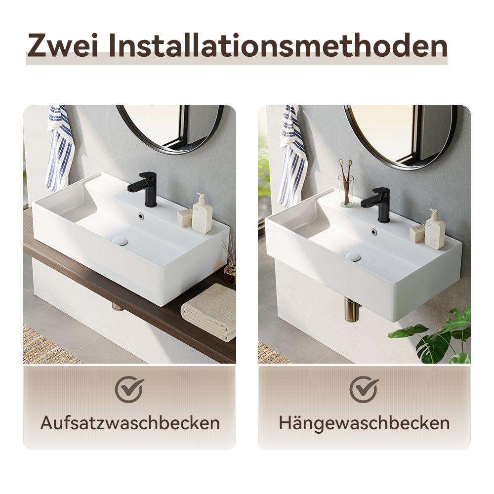 Lavabo à bord fin, rectangulaire suspendu ou à poser, avec trou pour robinet, lavabo mural pour invités 55 × 31 × 13 cm HOROW - 5