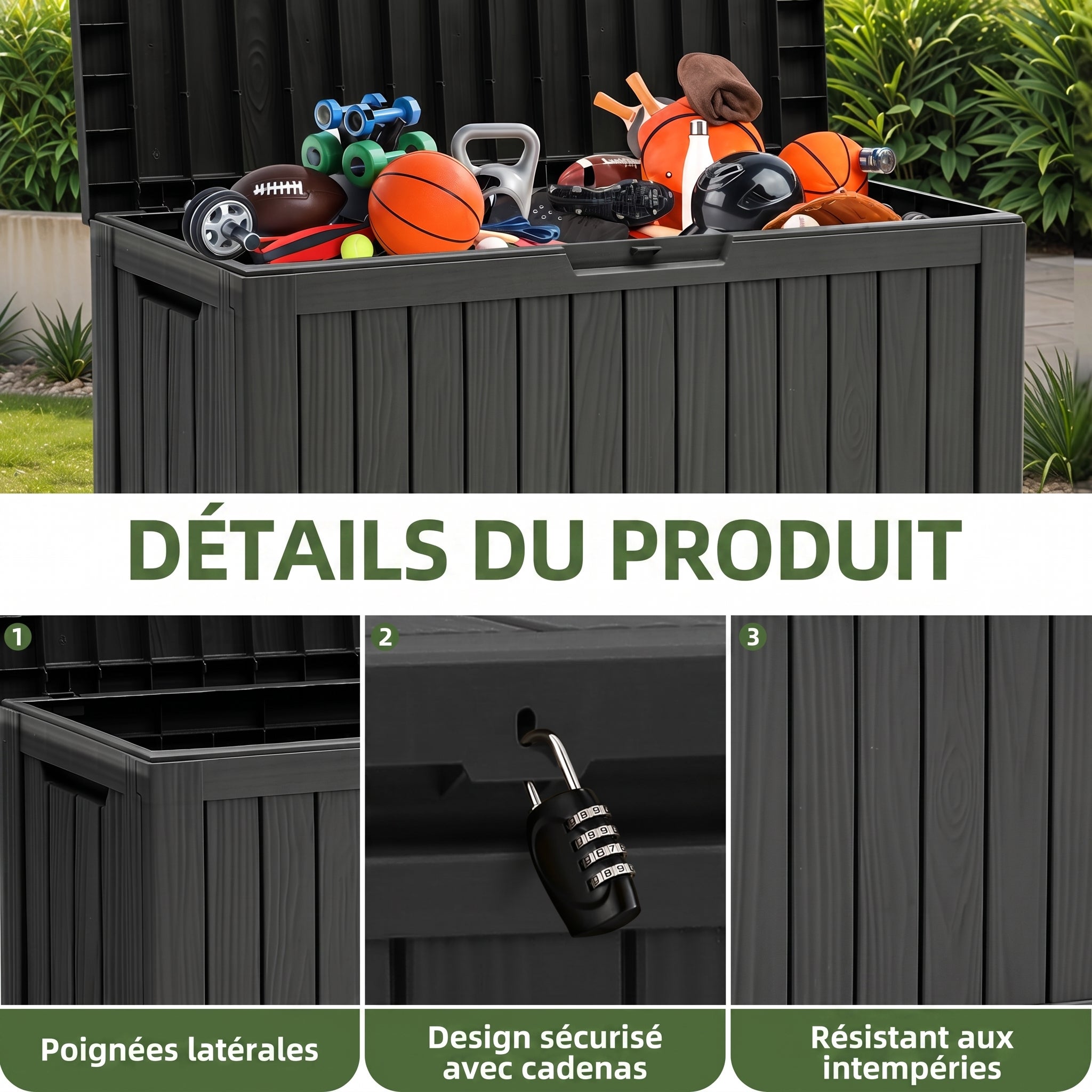 YITAHOME Caja de Almacenamiento Exterior con Ruedas-Caja de Cubierta de Plástico 270L-117 x 53.5 x 55 cm-Negro - 6