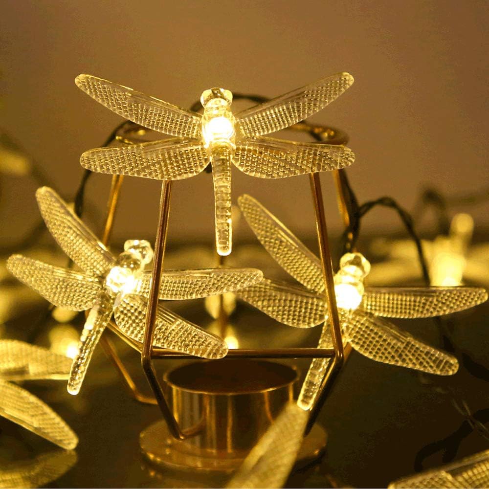 Solarna lampa łańcuchowa 50 LED ważka zewnętrzna lampa słoneczna z efektem flash dekoracja z ważkami z 8 trybami oświetlenia, wodoodporna, ciepła biel