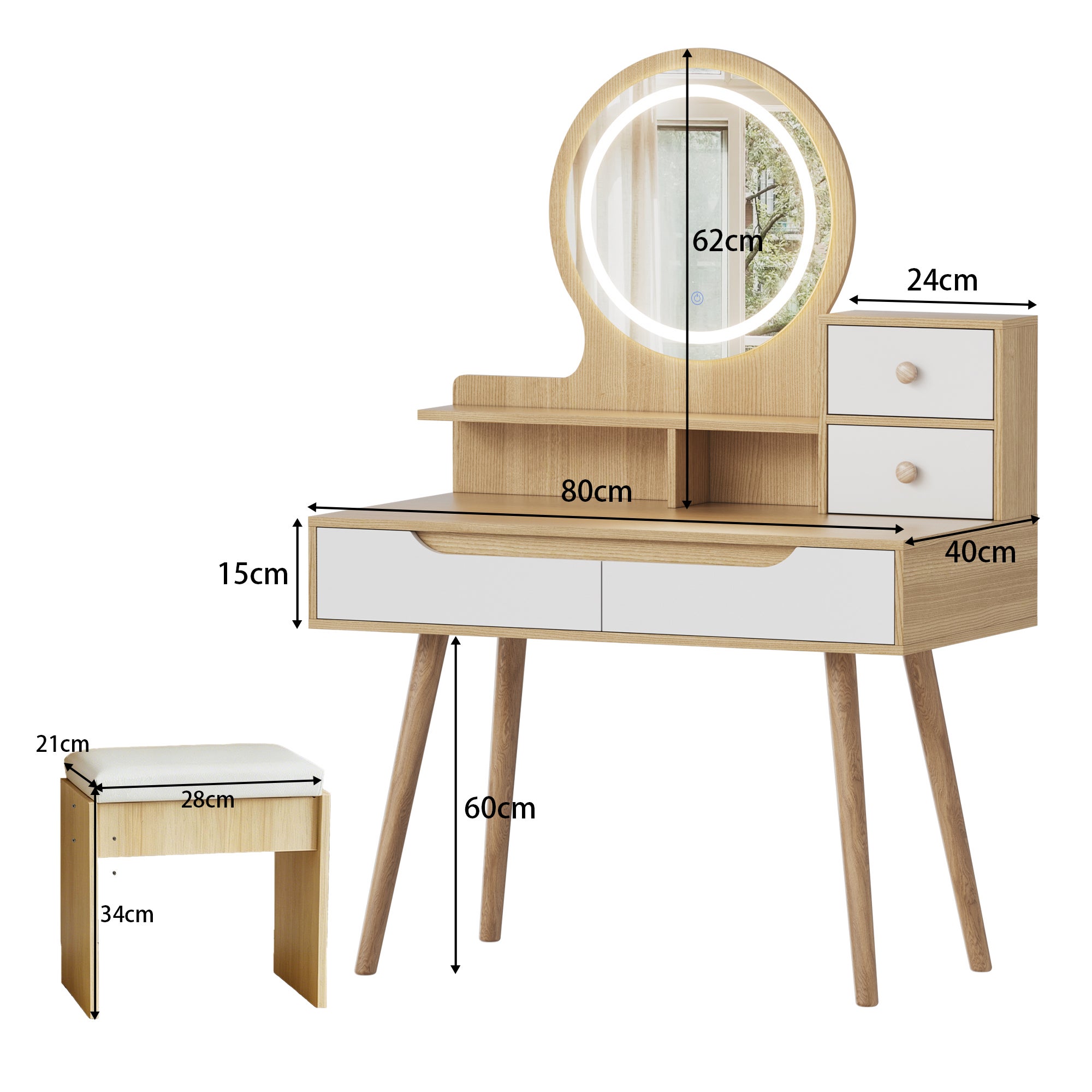 Coiffeuse avec miroir, LED réglable, tabouret rembourré, rangement, MDF naturel - 3