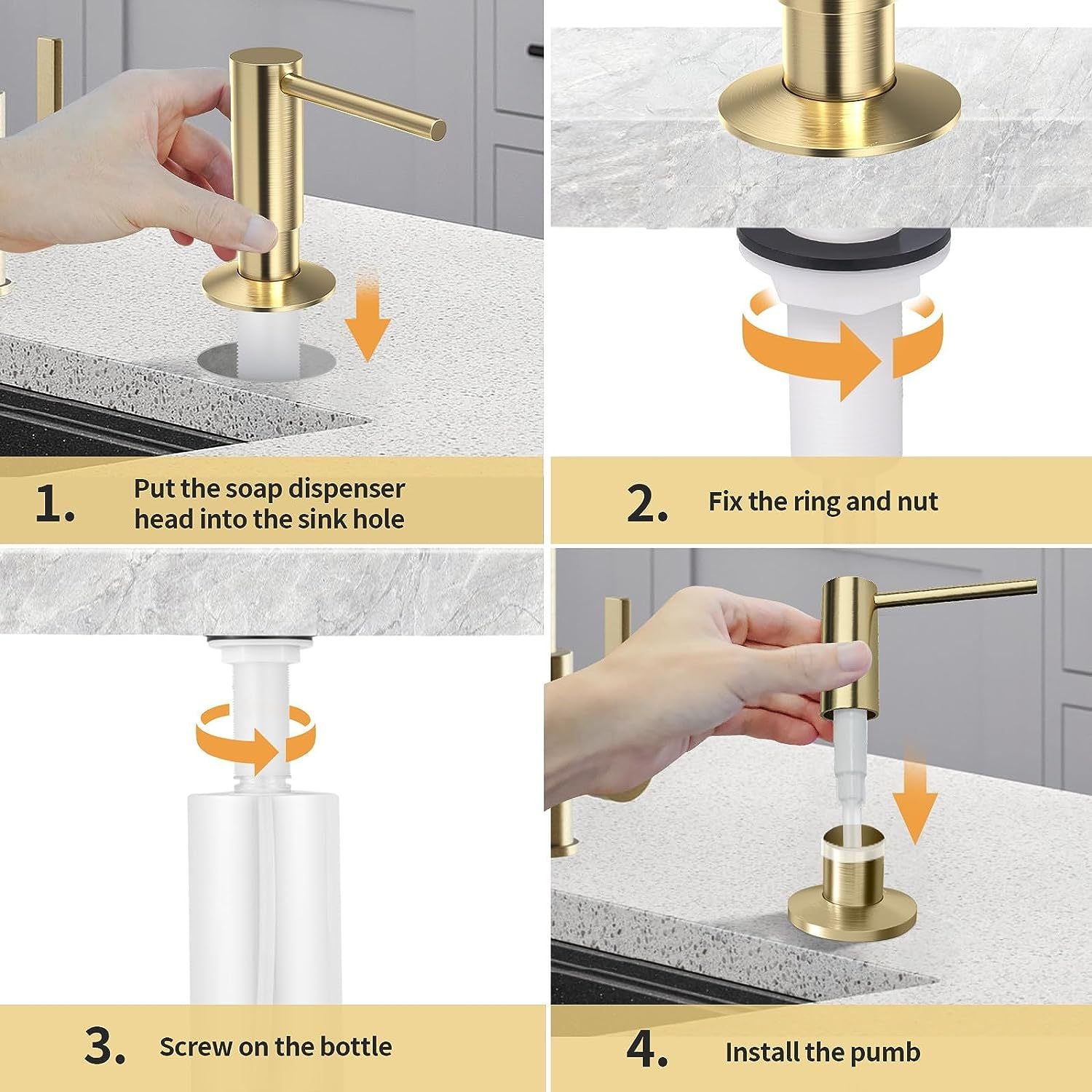 Dispenser di sapone da cucina con contenitore da 500 ml - Dispenser di sapone da incasso per lavello da cucina - Oro - 4