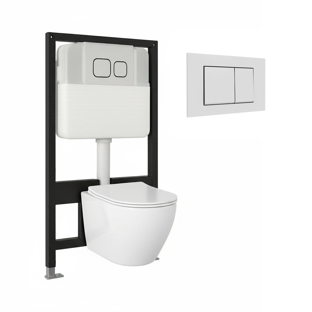 PACK WC SUSPENDU + CHÂSSIS + BOÎTIER DE SUPPORT NATURE | TOILETTE BLANC BRILLANT | BOUTON BLANC | RÉSERVOIR ENCASTRÉ | COUVERCLE AMORTI | ALDAY - 3