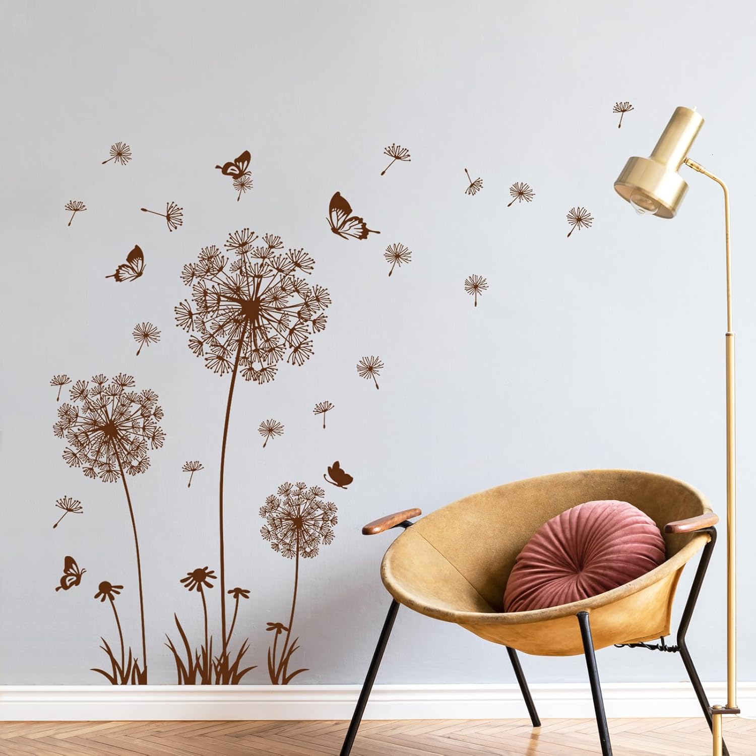 (Marrón) Pegatinas de pared de diente de león Pegatinas de pared de flores Pegatinas de pared de diente de león Mariposas Fondo Decoración de pared de