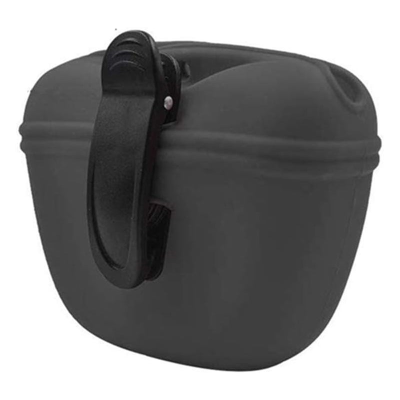 Czarna torebka na przysmaki dla psa, 10,5 x 5,3 x 13 cm, przenośna torebka na przysmaki z magnetycznym zamknięciem i klipsem do paska.