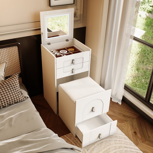 Toaletka-ze-stołem-nocnym-wielofunkcyjna-z-lustrem-LED-3-szufladami-biała